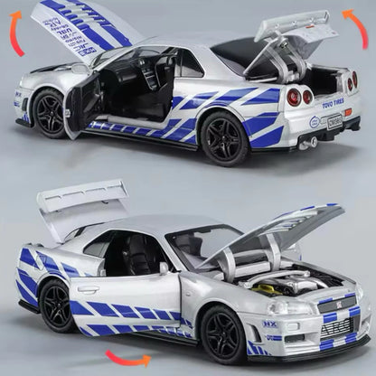 Nissan GTR R34 1:32 Diecast Liga Som Luz Portas Abríveis | AMZ Para Você