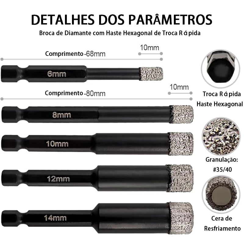 Broca Diamantada Multiuso - KIT com 7 Brocas (5/6/8/10/12/14/16mm)