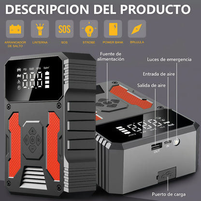 Auxiliar Partida, Bateria 4 em 1 + Compressor Ar 150 PSI com LED - AMZ