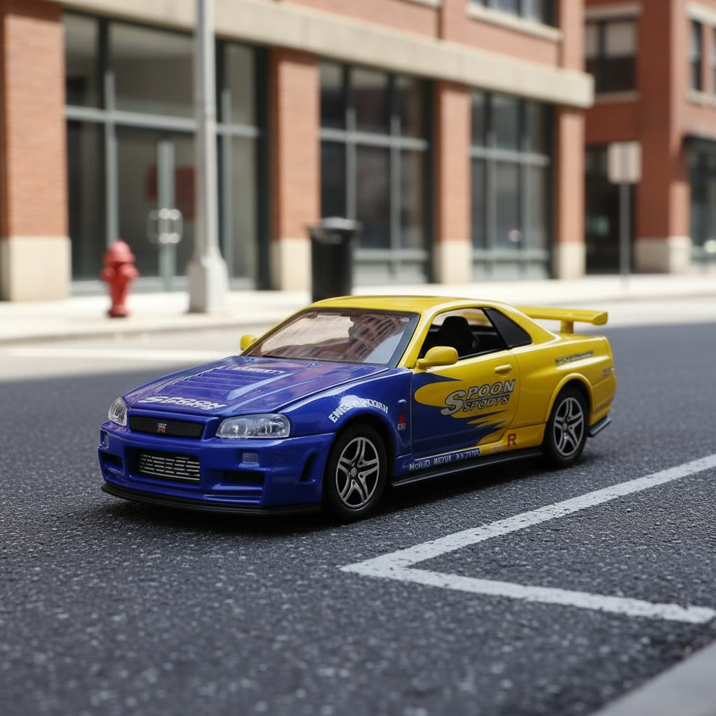 Nissan GTR R34 1:32 Diecast Liga Som Luz Portas Abríveis | AMZ Para Você