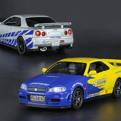 Nissan GTR R34 1:32 Diecast Liga Som Luz Portas Abríveis | AMZ Para Você